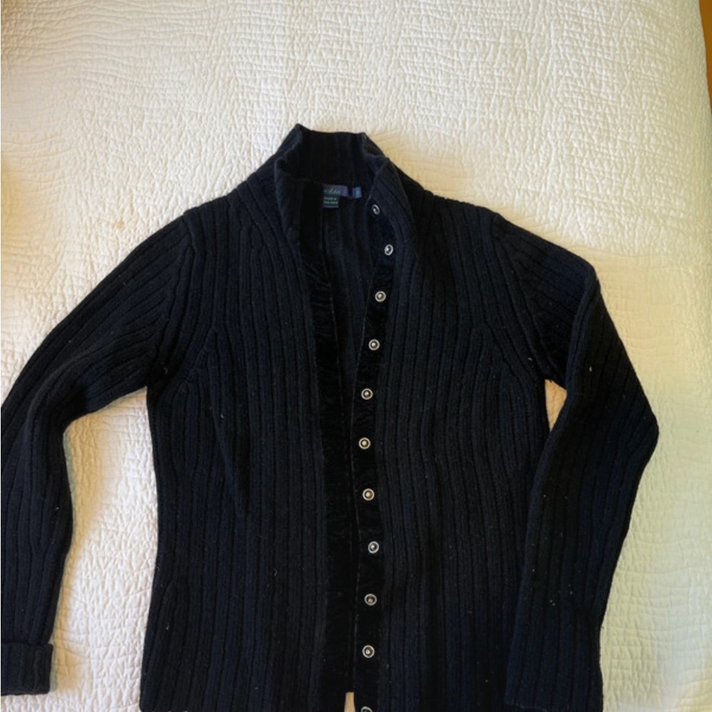 Black Ribbed Lambswool Cardigan Sweater